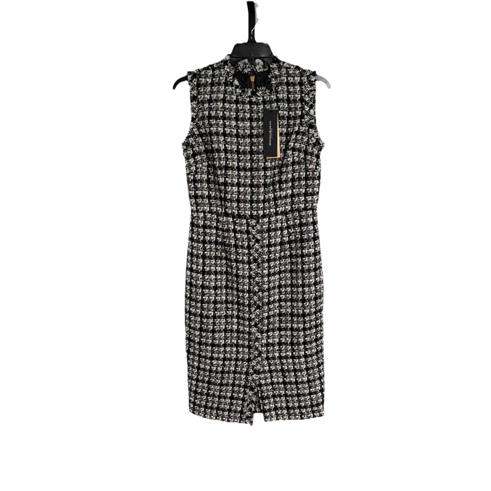 Donna Karan New York Black Plaid Tweed Sheath Dress Sleeveless Fringed 4 $179 H1